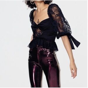 For Love and Lemons Sonia Black Lace & Satin Puff Sleeve Top Sz Small NWT